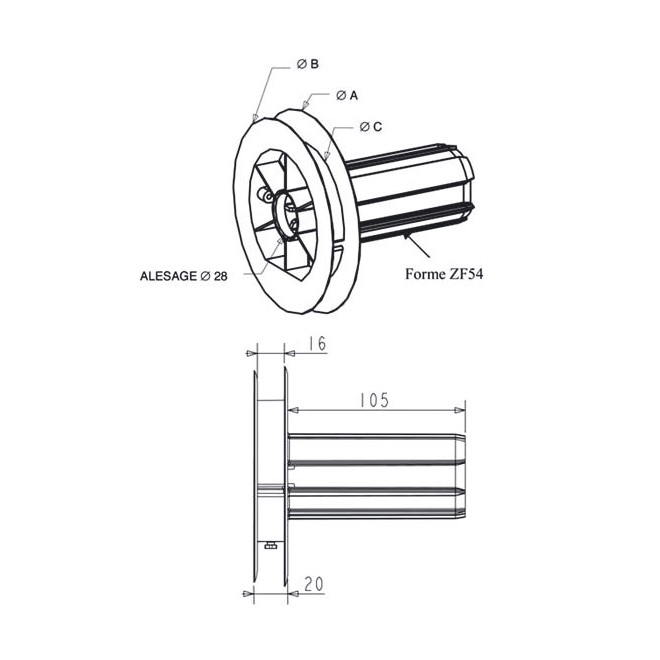 Poulie / Embout monobloc Porte roulement Diam. 114 - ZF54 Poulie / Embout monobloc Porte roulement Diam. 114 - ZF54