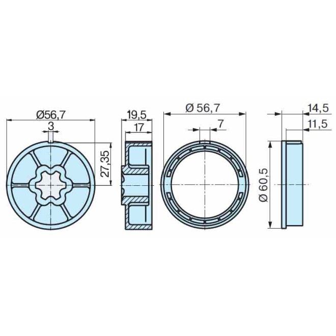 Roue et couronne Rond lisse Ø60mm moteur Becker