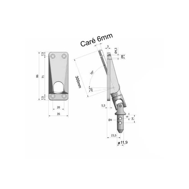 Sortie de caisson 70° carré 6 - 11,9mm mâle Blanc 4 trous
