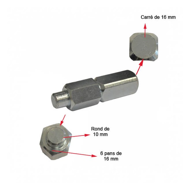 Pièce d'accouplement carré 16mm - Hexa 16mm - Rond 10mm Pièce d'accouplement carré 16mm - Hexa 16mm - Rond 10mm