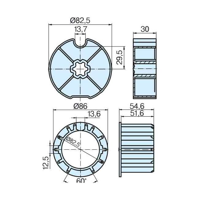Roue et couronne tube Ø85mm à gorge pour moteur diam. Ø60 Becker Roue et couronne tube Ø85mm à gorge pour moteur diam. Ø60 Becker