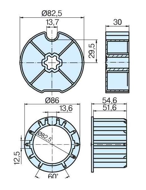Roue et couronne tube Ø85mm à gorge pour moteur diam. Ø60 Becker