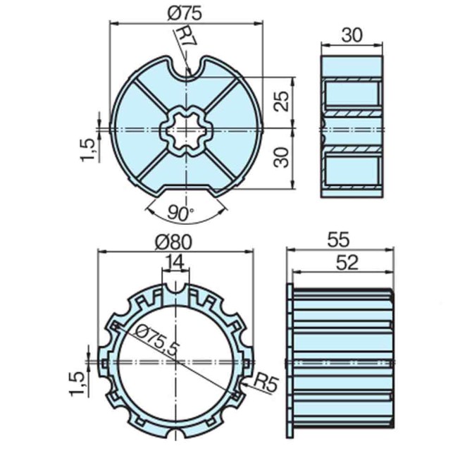 Roue et couronne Rond 78 décalage pour moteur diam Ø60 Becker
