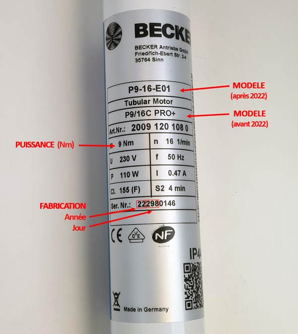 Etiquette d'un moteur Becker P9-E01 exemple